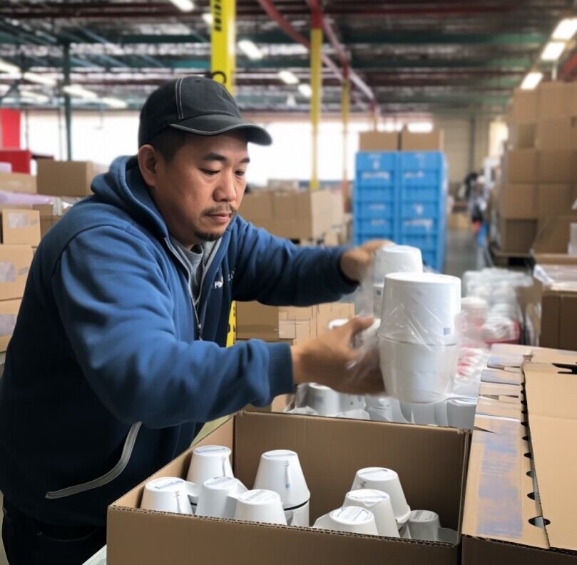 A worker is packing mug in the warehouse